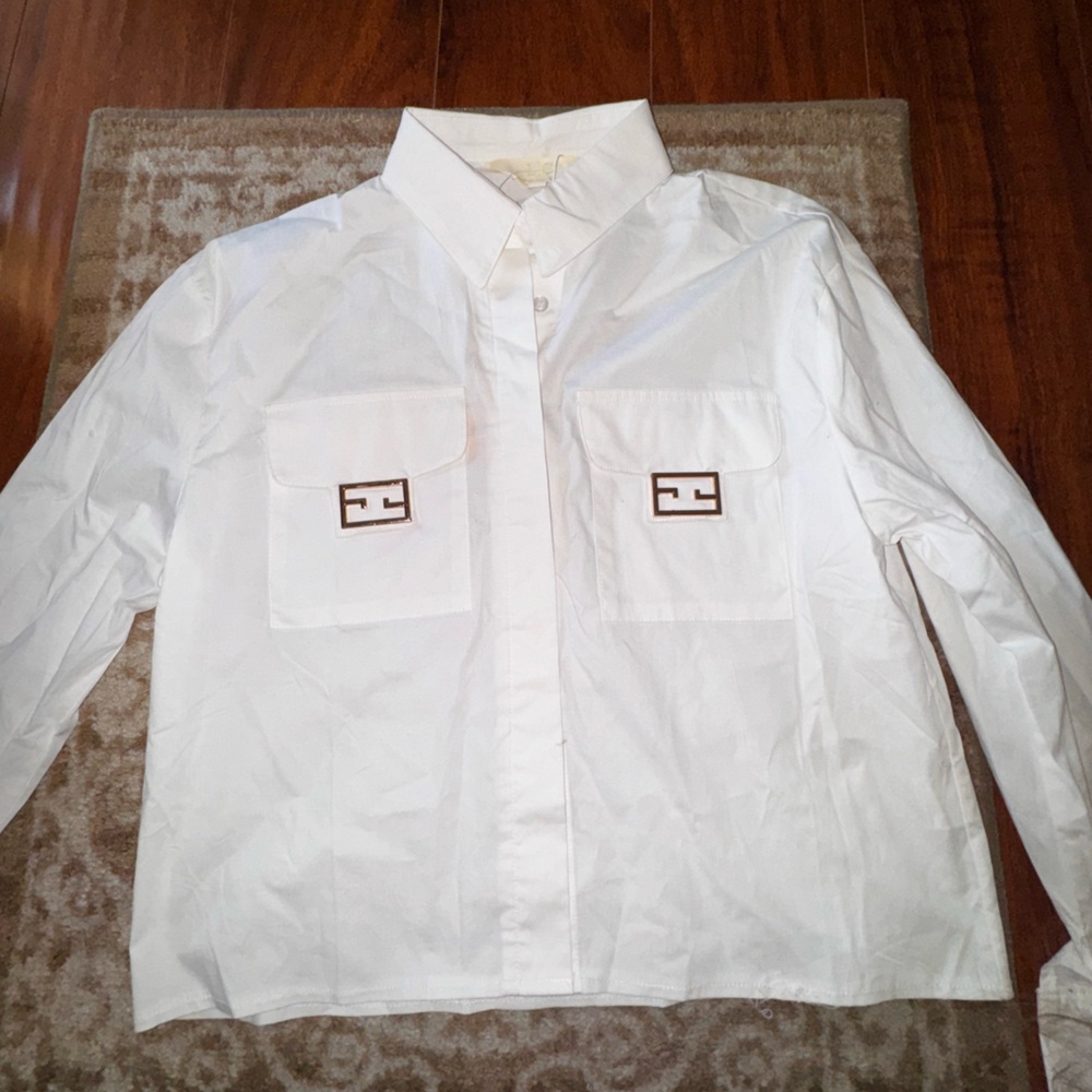 Monogram blouse button down shirt women business blouse top gold hardware